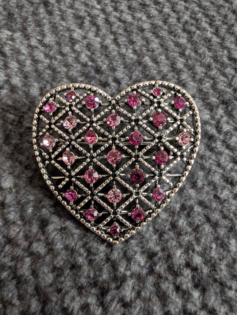 Vintage Silver Heart-Shaped Pink Crystal Brooch